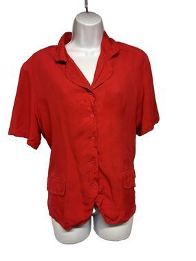 VTG 100% Silk Lee David Women's L Red Button Up Collar Blouse Adj Waist Tie Back
